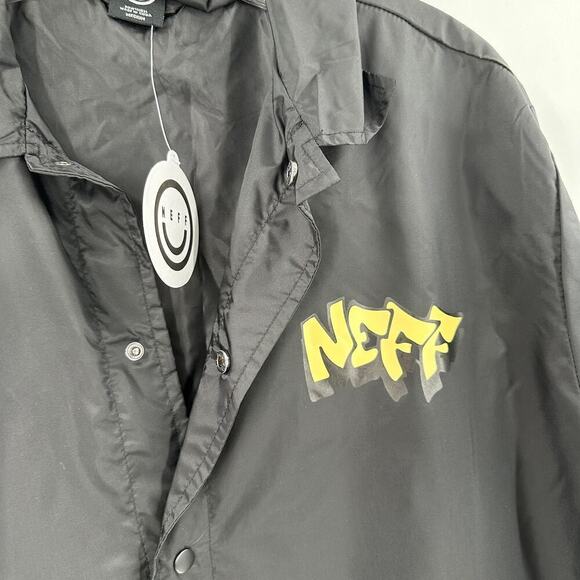 NWT Neff Black Snap Front Collared Lined Graphic Windbreaker Jacket Size Medium - Picture 8 of 11